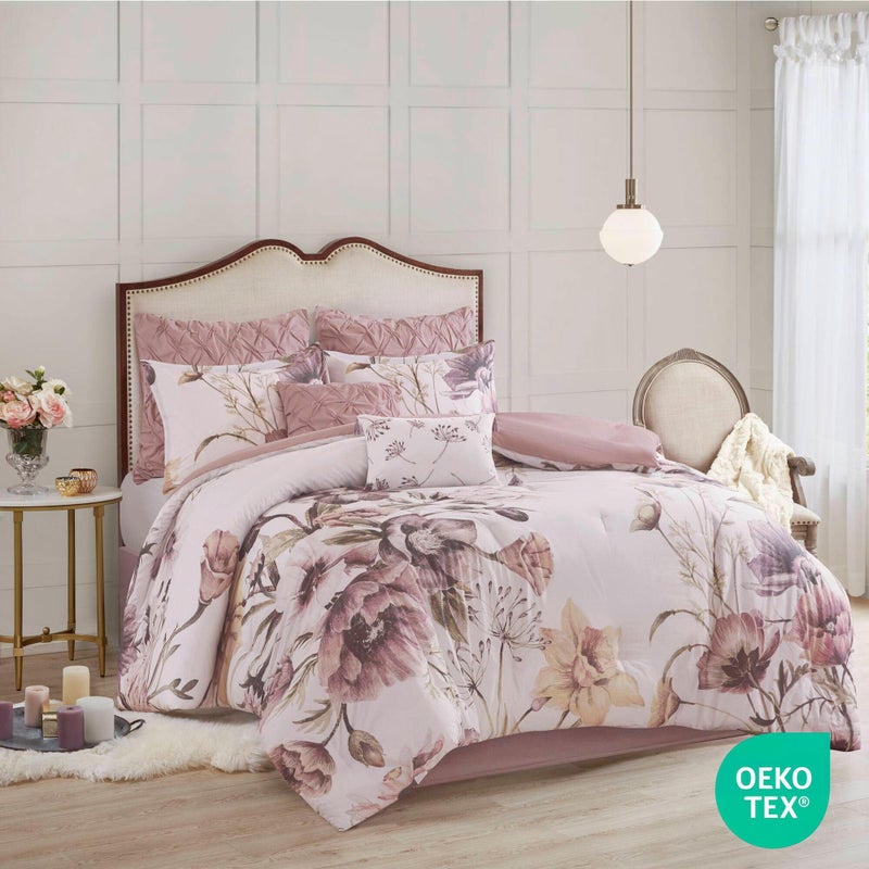 Madison Park Floral California King Comforter Set, Cotton Rich Bedding Set Feminine Design Shabby Chic Cal King Size Comforter Sets, All Season Bed Cover, Shams, Bed Skirt, DÃ©cor Pillow, Blush 8 Piece - Image 2
